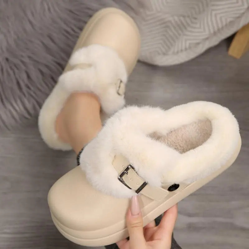 Women’s Waterproof Platform Fur Clogs – Cozy Winter Slip-On