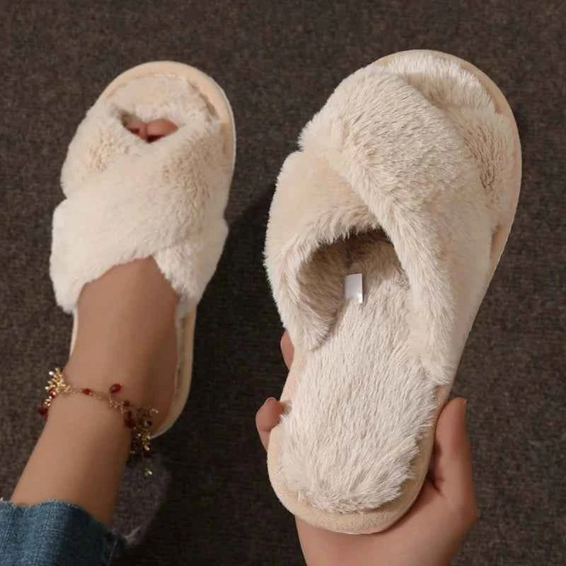 Cross Strap Faux Fur Slippers – Cozy Plush Home Comfort