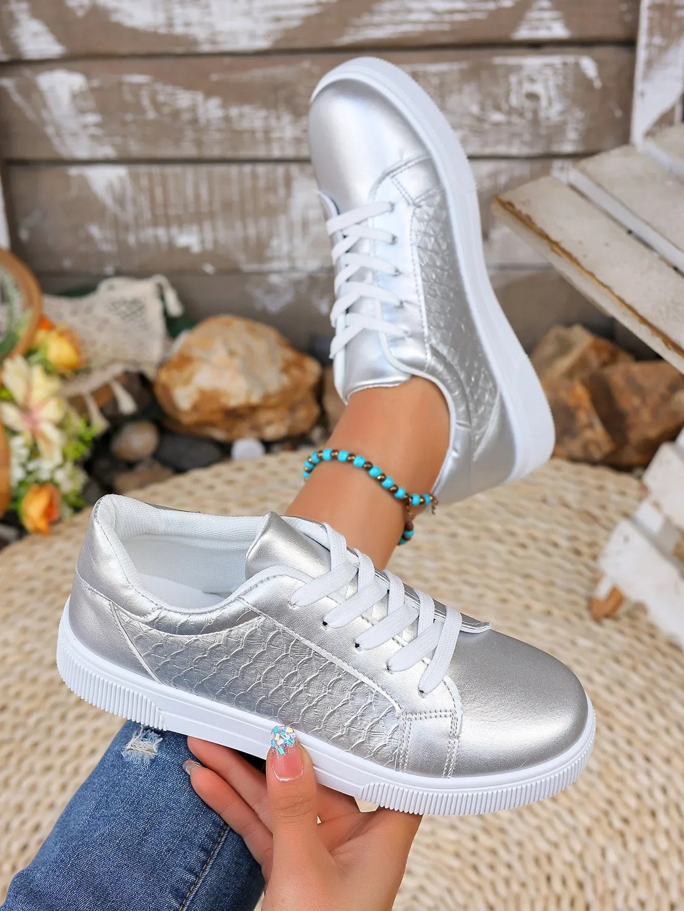 Loom & Soul Women’s Gold & Silver PU Sneakers – Plus Size Fashion Comfort
