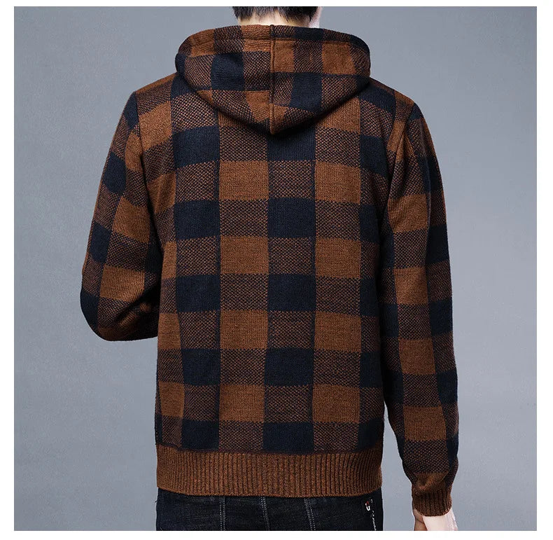 Loom & Soul Men’s Checkered Knit Fleece Jacket – Luxury Hooded Winter Cardigan