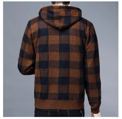 Loom & Soul Men’s Checkered Knit Fleece Jacket – Luxury Hooded Winter Cardigan