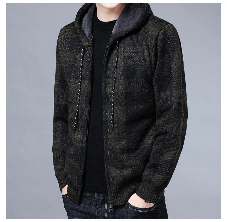 Loom & Soul Men’s Checkered Knit Fleece Jacket – Luxury Hooded Winter Cardigan