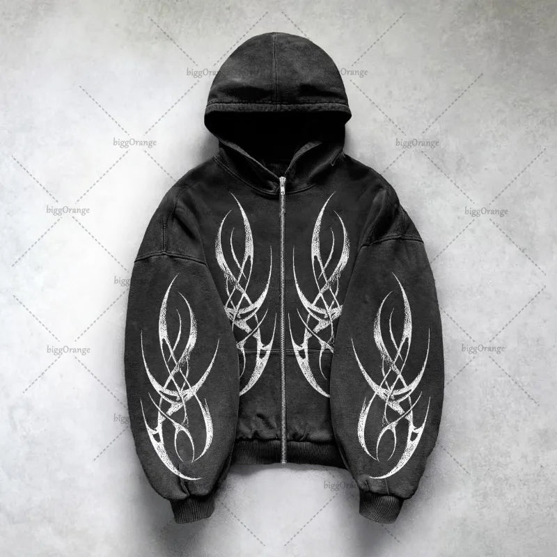 Gothic Punk Oversized Zip Hoodie – Y2K Harajuku Streetwear Sweatshirt for Men