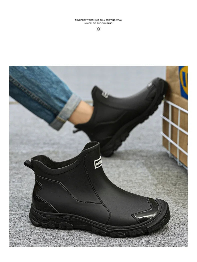 Men’s Waterproof PVC Rain Boots – Ankle Slip-On Anti-Slip Outdoor Work Shoes