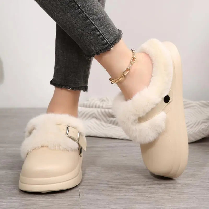 Women’s Waterproof Platform Fur Clogs – Cozy Winter Slip-On