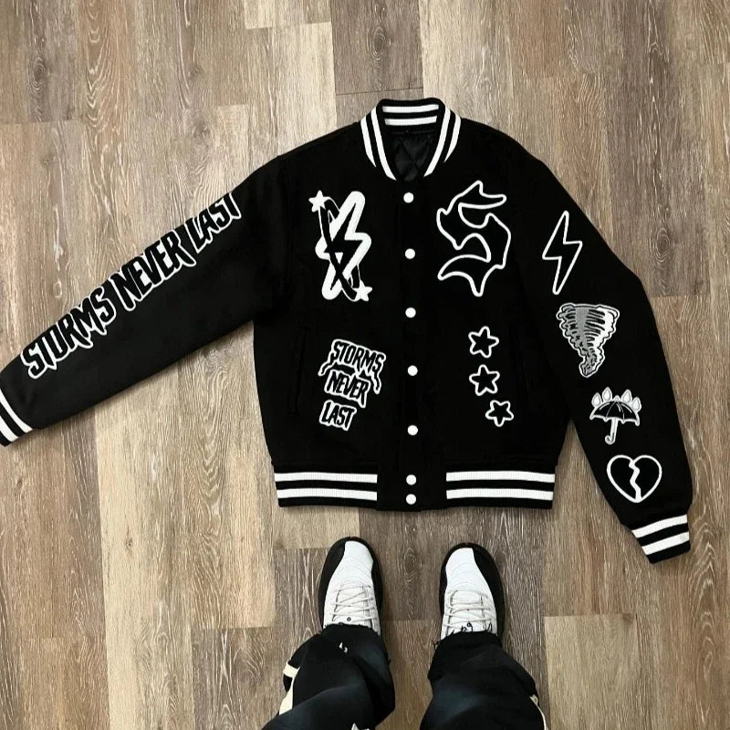 Loom & Soul Gothic Y2K Embroidered Jacket – Oversized Hip-Hop Motorcycle Coat