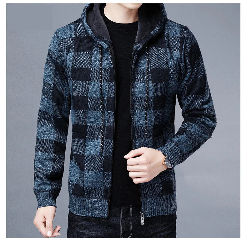 Loom & Soul Men’s Checkered Knit Fleece Jacket – Luxury Hooded Winter Cardigan