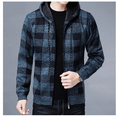 Loom & Soul Men’s Checkered Knit Fleece Jacket – Luxury Hooded Winter Cardigan