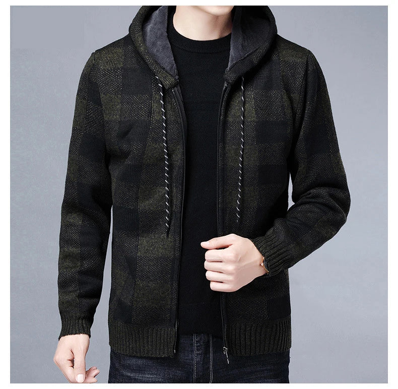 Loom & Soul Men’s Checkered Knit Fleece Jacket – Luxury Hooded Winter Cardigan