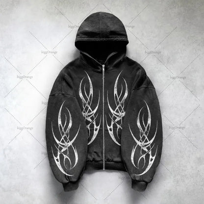 Gothic Punk Oversized Zip Hoodie – Y2K Harajuku Streetwear Sweatshirt for Men