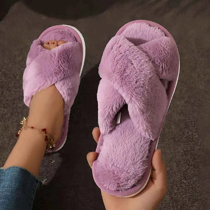 Cross Strap Faux Fur Slippers – Cozy Plush Home Comfort