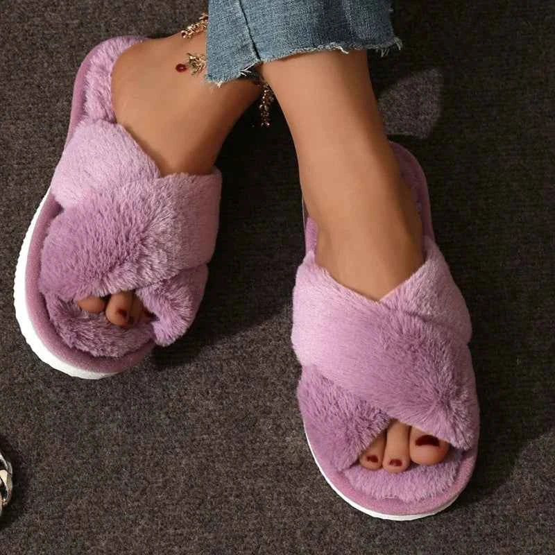 Cross Strap Faux Fur Slippers – Cozy Plush Home Comfort