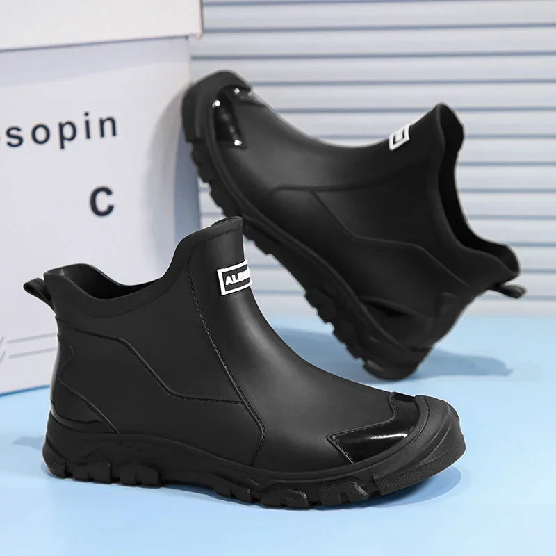 Men’s Waterproof PVC Rain Boots – Ankle Slip-On Anti-Slip Outdoor Work Shoes