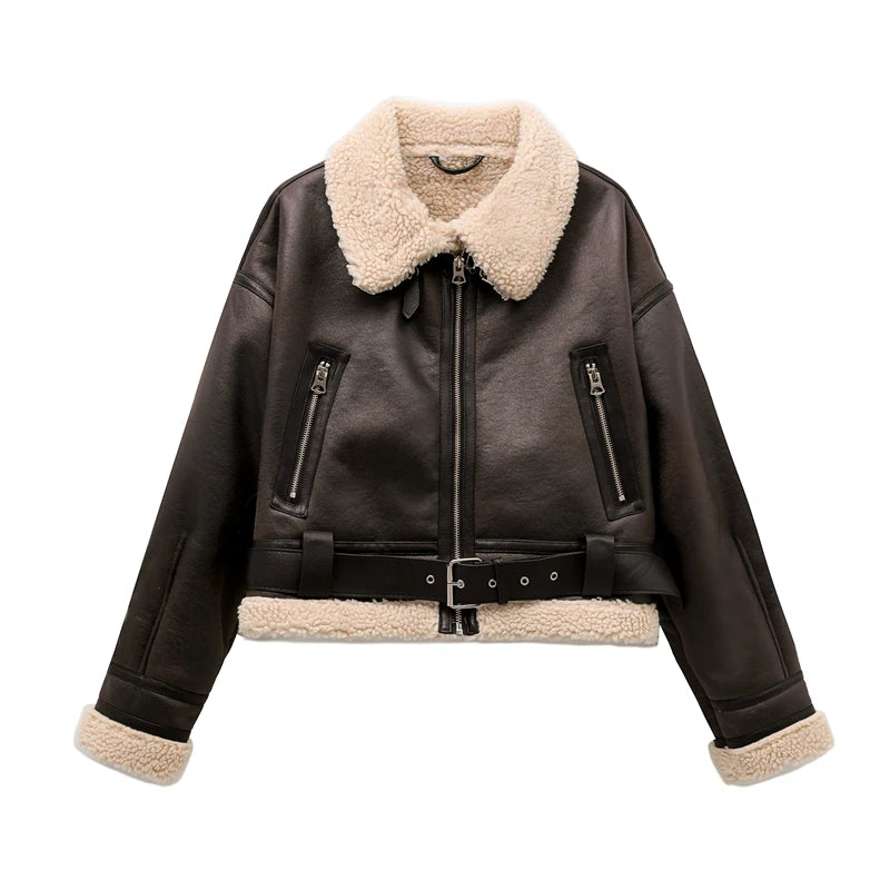 Loom & Soul Faux Shearling Jacket – Vintage Belted Warm Winter Coat for Women