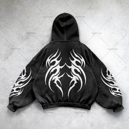 Gothic Punk Oversized Zip Hoodie – Y2K Harajuku Streetwear Sweatshirt for Men