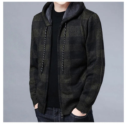 Loom & Soul Men’s Checkered Knit Fleece Jacket – Luxury Hooded Winter Cardigan