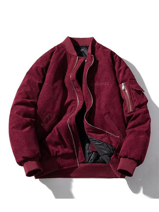 Loom & Soul Unisex Vintage Bomber Jacket – Corduroy Hooded Embroidered Pilot Coat