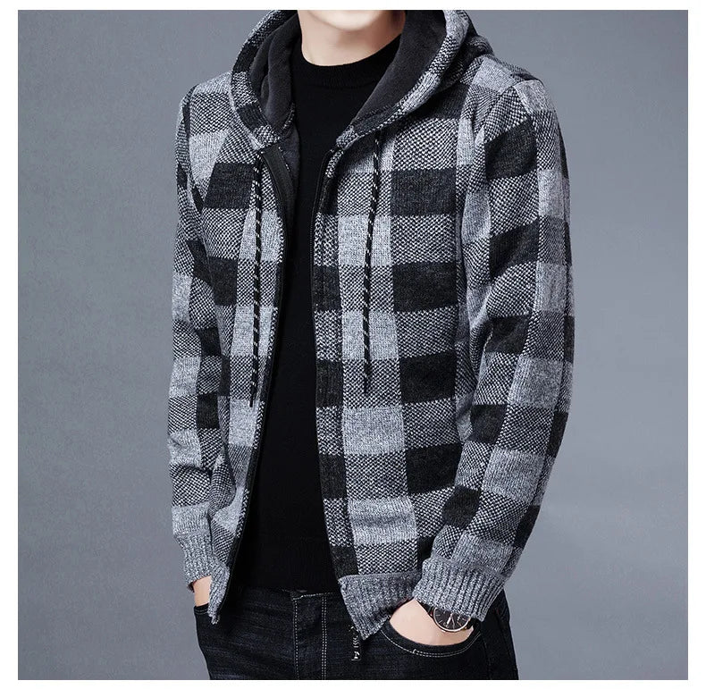 Loom & Soul Men’s Checkered Knit Fleece Jacket – Luxury Hooded Winter Cardigan
