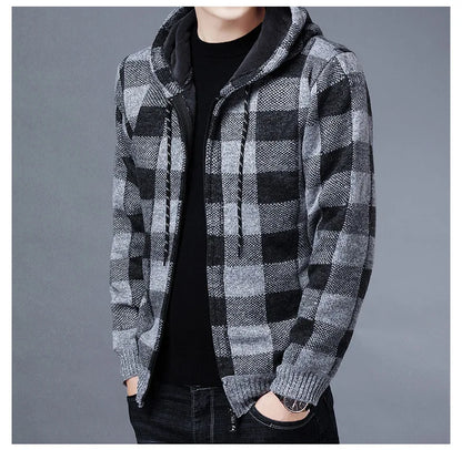 Loom & Soul Men’s Checkered Knit Fleece Jacket – Luxury Hooded Winter Cardigan
