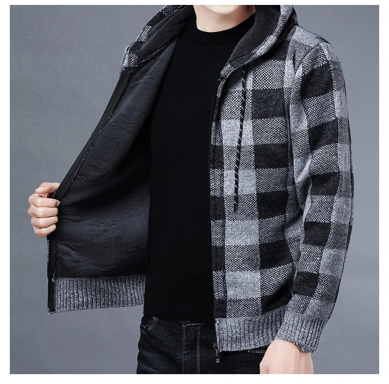 Loom & Soul Men’s Checkered Knit Fleece Jacket – Luxury Hooded Winter Cardigan
