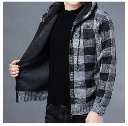 Loom & Soul Men’s Checkered Knit Fleece Jacket – Luxury Hooded Winter Cardigan