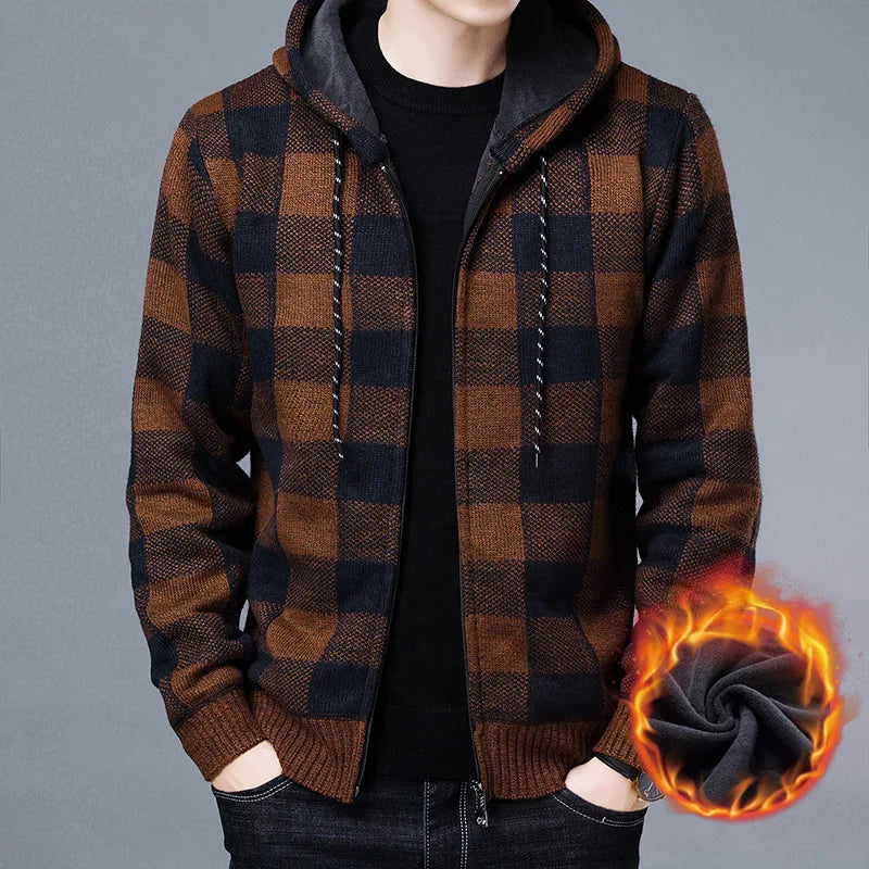 Loom & Soul Men’s Checkered Knit Fleece Jacket – Luxury Hooded Winter Cardigan