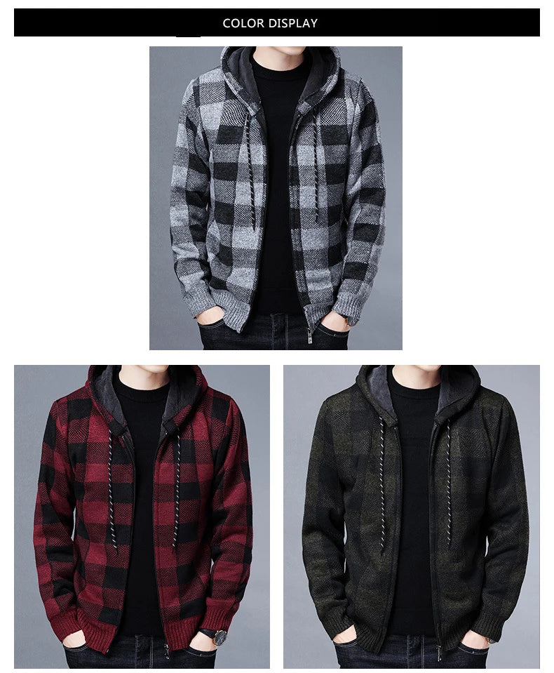 Loom & Soul Men’s Checkered Knit Fleece Jacket – Luxury Hooded Winter Cardigan
