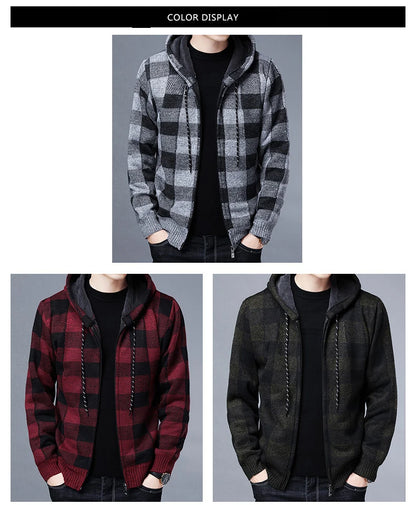 Loom & Soul Men’s Checkered Knit Fleece Jacket – Luxury Hooded Winter Cardigan