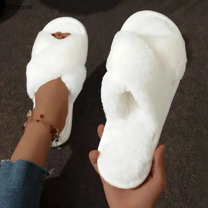 Cross Strap Faux Fur Slippers – Cozy Plush Home Comfort