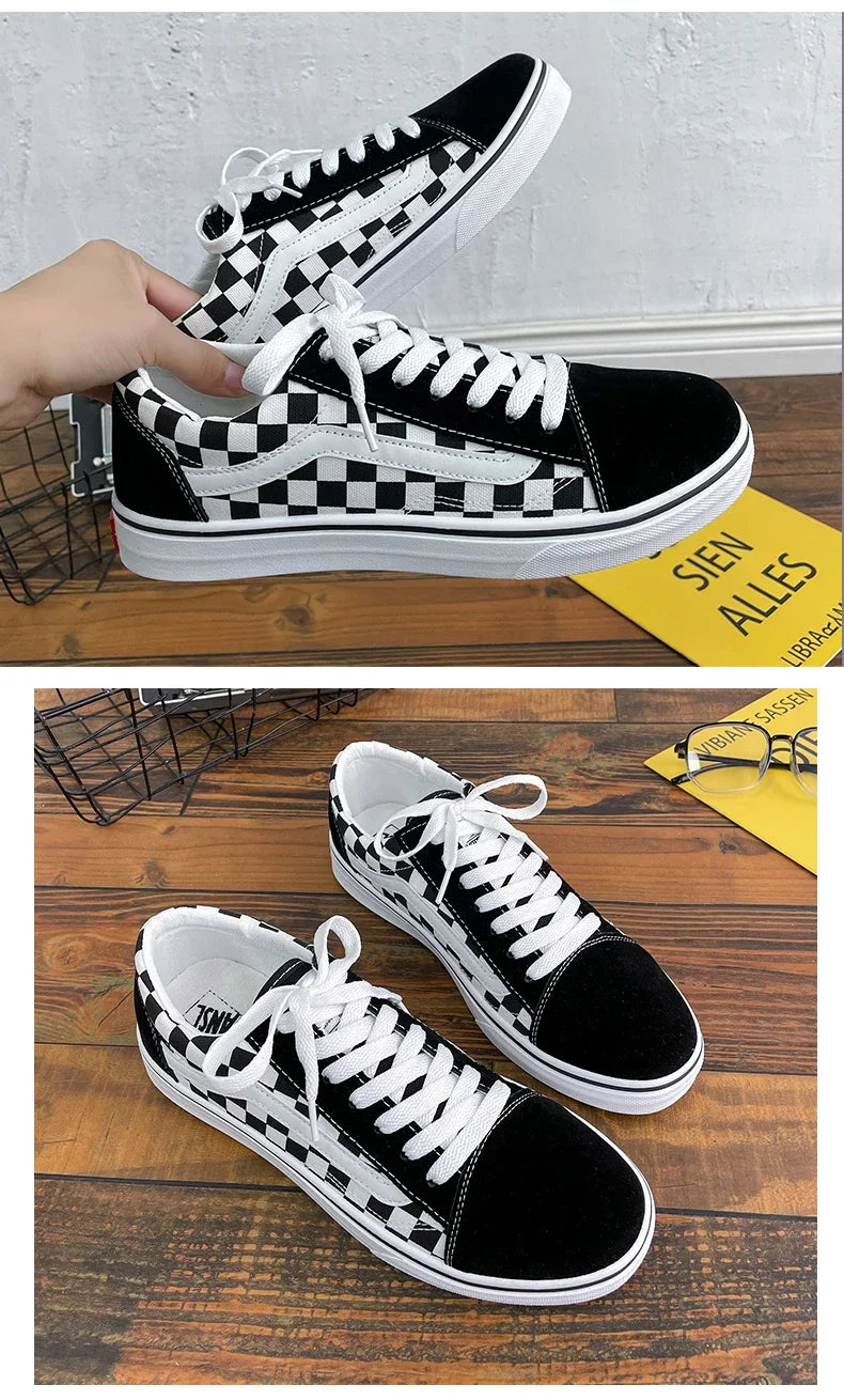 Men’s Checkered Canvas Sneakers – Lightweight Lace-Up Casual Shoes