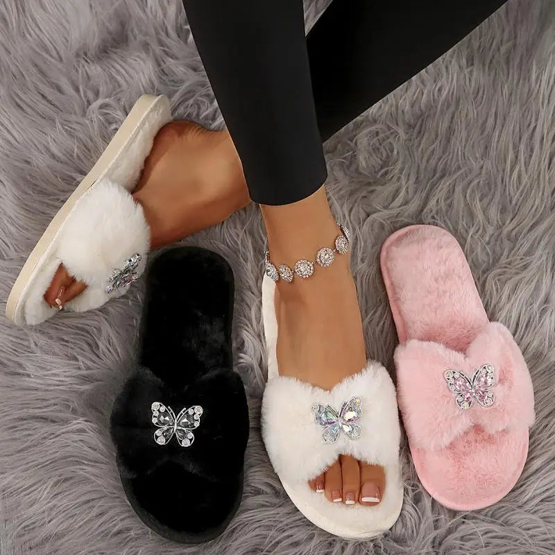 Women’s Glitter Butterfly Fur Slides – Cozy Luxury Slippers