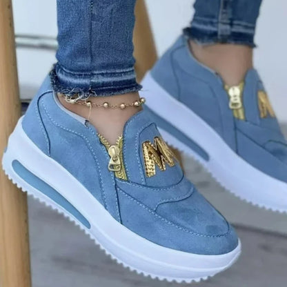 Women’s Side Zipper Sneakers – Lightweight PU Platform Loafers