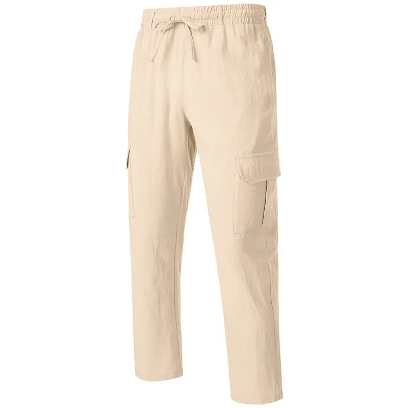 Loom & Soul Men’s Loose Cotton-Linen Cargo Pants – Casual Beach Trousers