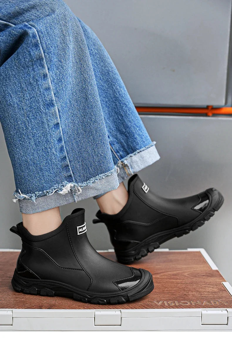 Men’s Waterproof PVC Rain Boots – Ankle Slip-On Anti-Slip Outdoor Work Shoes