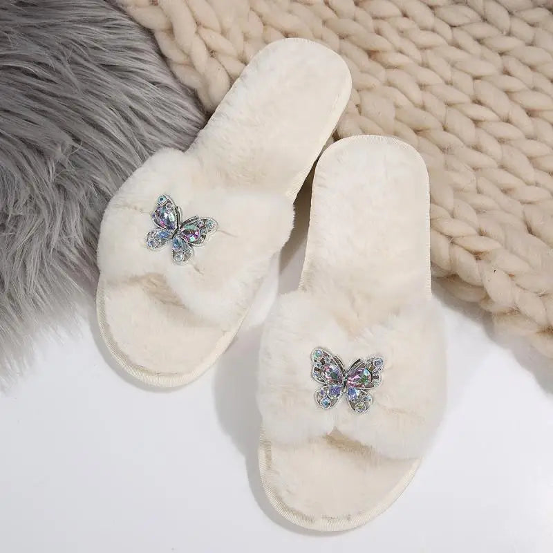 Women’s Glitter Butterfly Fur Slides – Cozy Luxury Slippers
