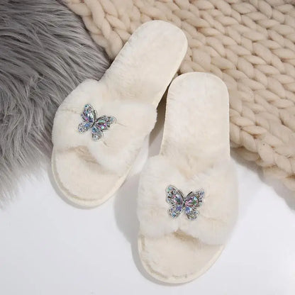 Women’s Glitter Butterfly Fur Slides – Cozy Luxury Slippers