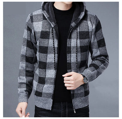 Loom & Soul Men’s Checkered Knit Fleece Jacket – Luxury Hooded Winter Cardigan