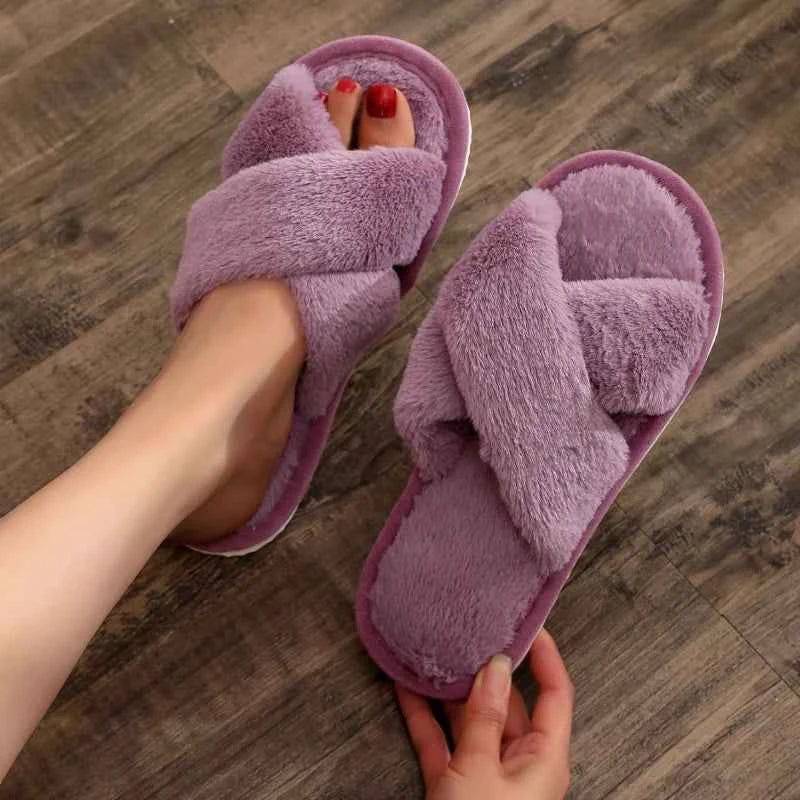 Cross Strap Faux Fur Slippers – Cozy Plush Home Comfort