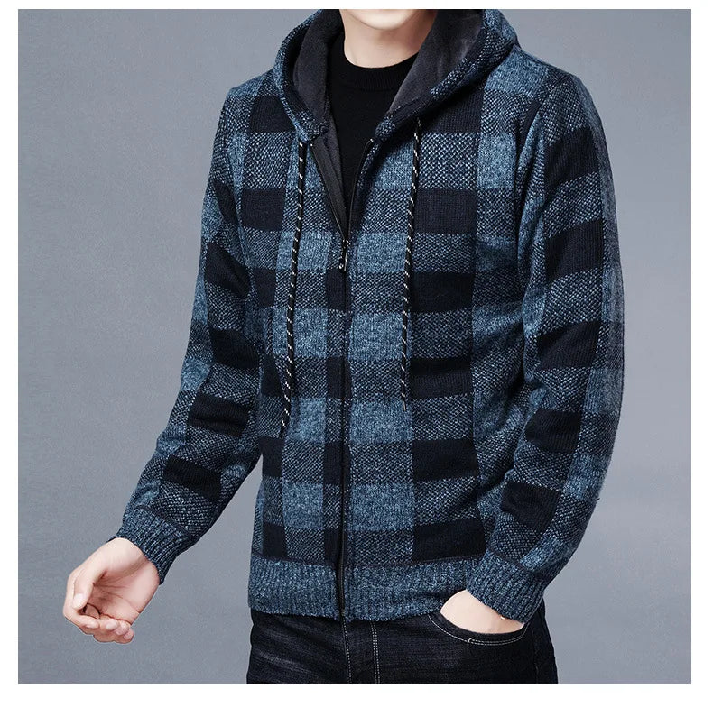 Loom & Soul Men’s Checkered Knit Fleece Jacket – Luxury Hooded Winter Cardigan