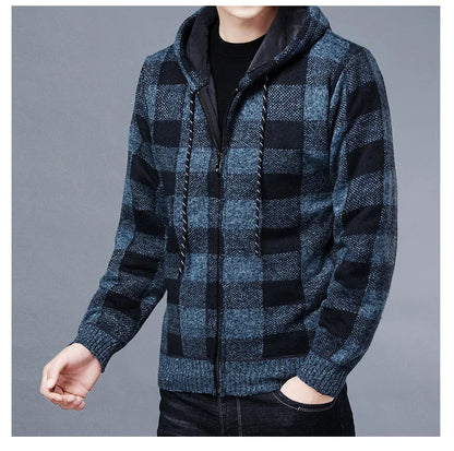 Loom & Soul Men’s Checkered Knit Fleece Jacket – Luxury Hooded Winter Cardigan