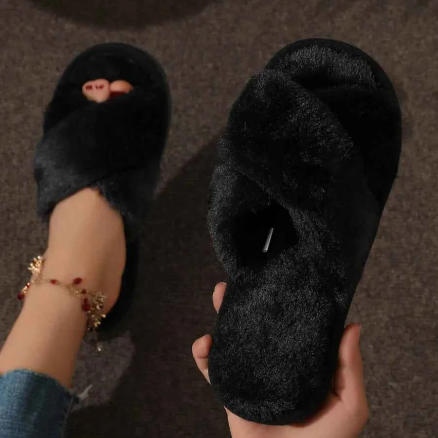 Cross Strap Faux Fur Slippers – Cozy Plush Home Comfort