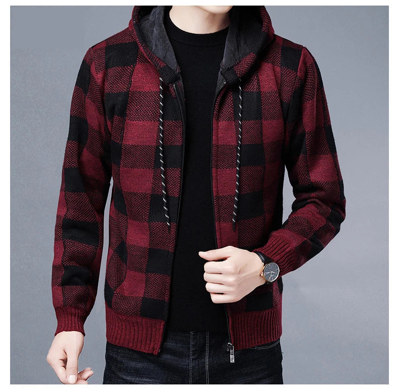 Loom & Soul Men’s Checkered Knit Fleece Jacket – Luxury Hooded Winter Cardigan