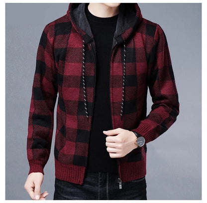 Loom & Soul Men’s Checkered Knit Fleece Jacket – Luxury Hooded Winter Cardigan