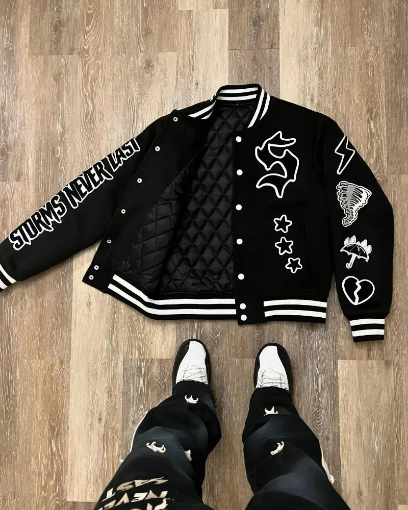 Loom & Soul Gothic Y2K Embroidered Jacket – Oversized Hip-Hop Motorcycle Coat