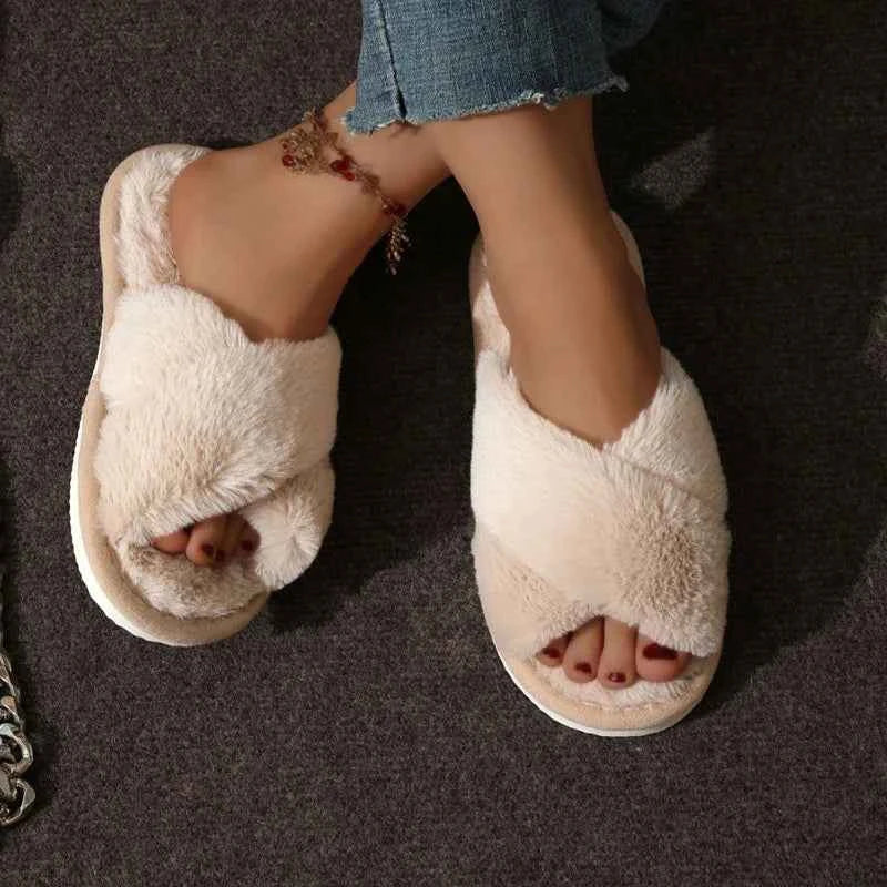 Cross Strap Faux Fur Slippers – Cozy Plush Home Comfort