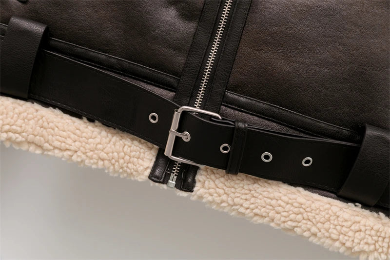 Loom & Soul Faux Shearling Jacket – Vintage Belted Warm Winter Coat for Women