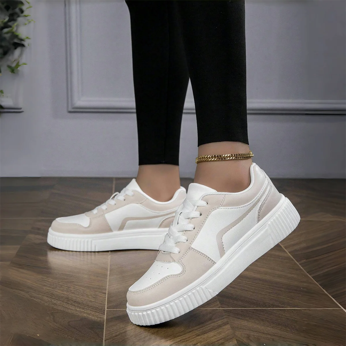 Women’s PU Leather Sneakers – Lightweight Lace-Up Casual Shoes for Spring/Autumn