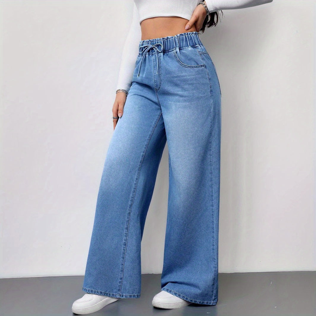 Women’s High-Waist Wide-Leg Jeans – 2025 Stretch Drawstring Denim