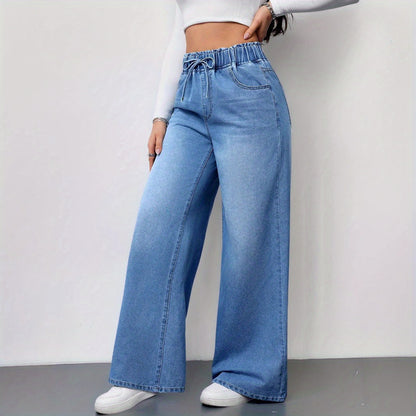 Women’s High-Waist Wide-Leg Jeans – 2025 Stretch Drawstring Denim