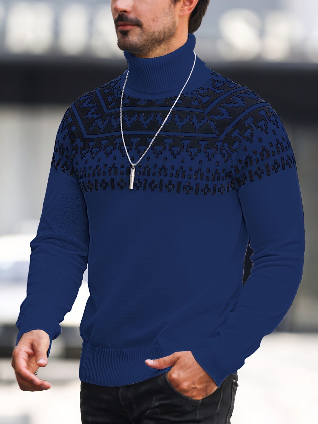 Suéter de cuello alto geométrico para hombre - Suéter informal de punto para otoño e invierno